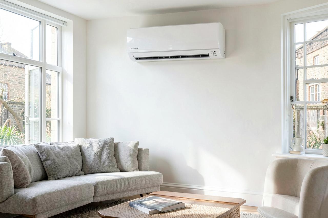 Wall mounted air conditioning unit in a living room